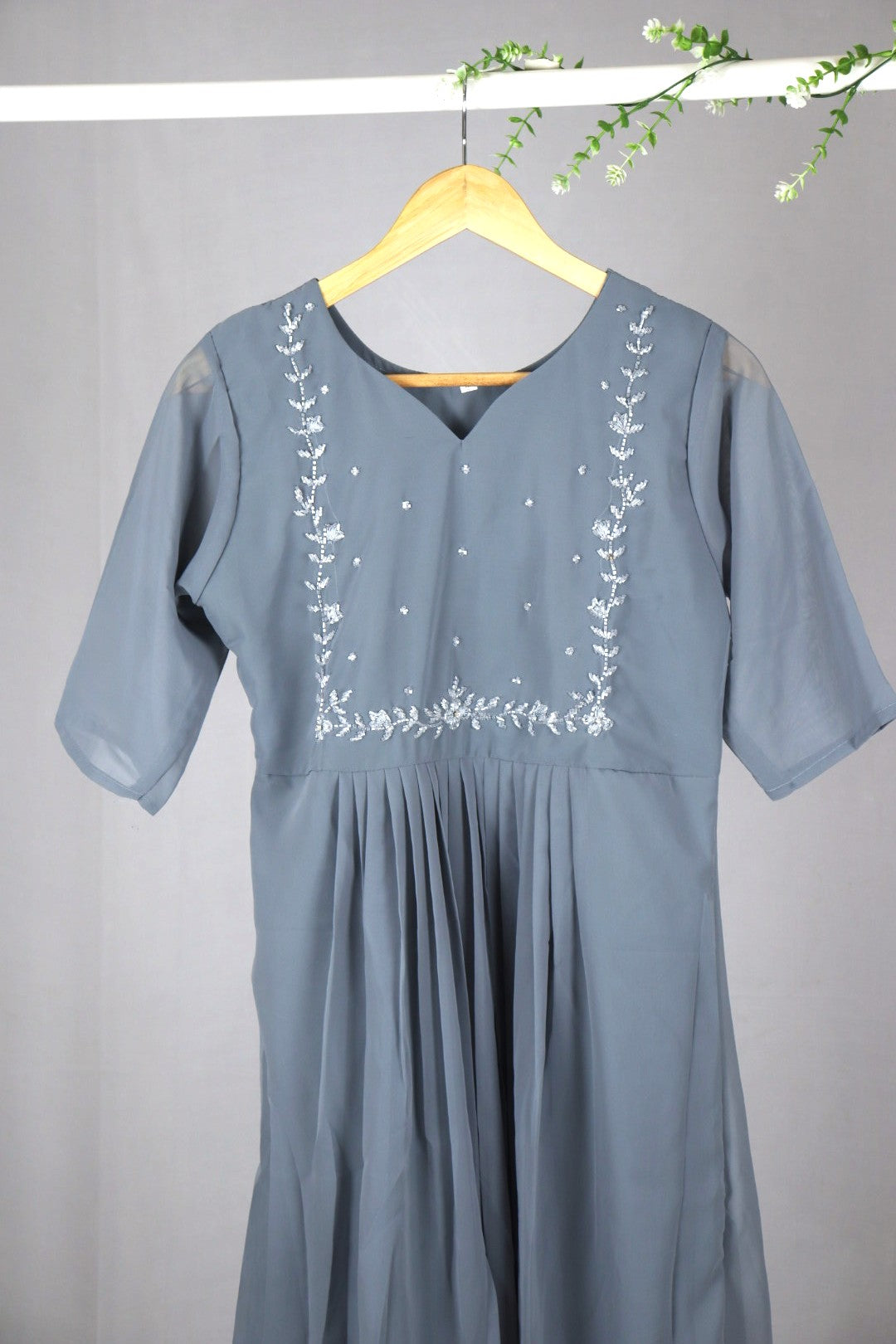 Light Grey Georgette A-Line Kurti with Yoke Bead Work