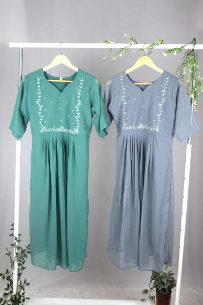 Light Grey Georgette A-Line Kurti with Yoke Bead Work