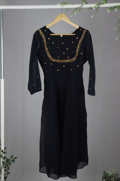 Navy Blue Georgette dress with Yoke Work