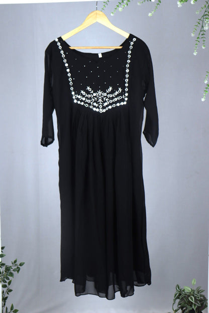Black Georgette A-Line Kurti with Yoke Mirror Work (Dupatta Included)