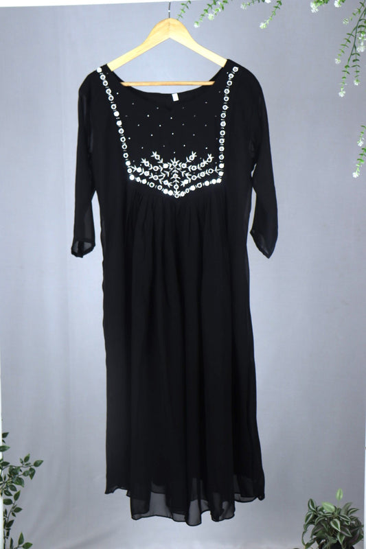 Black Georgette A-Line Kurti with Yoke Mirror Work (Dupatta Included)