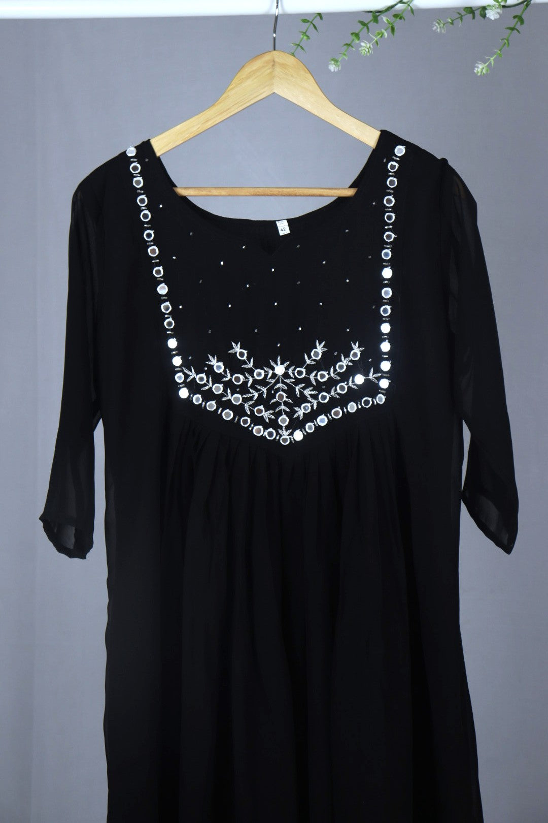 Black Georgette A-Line Kurti with Yoke Mirror Work (Dupatta Included)
