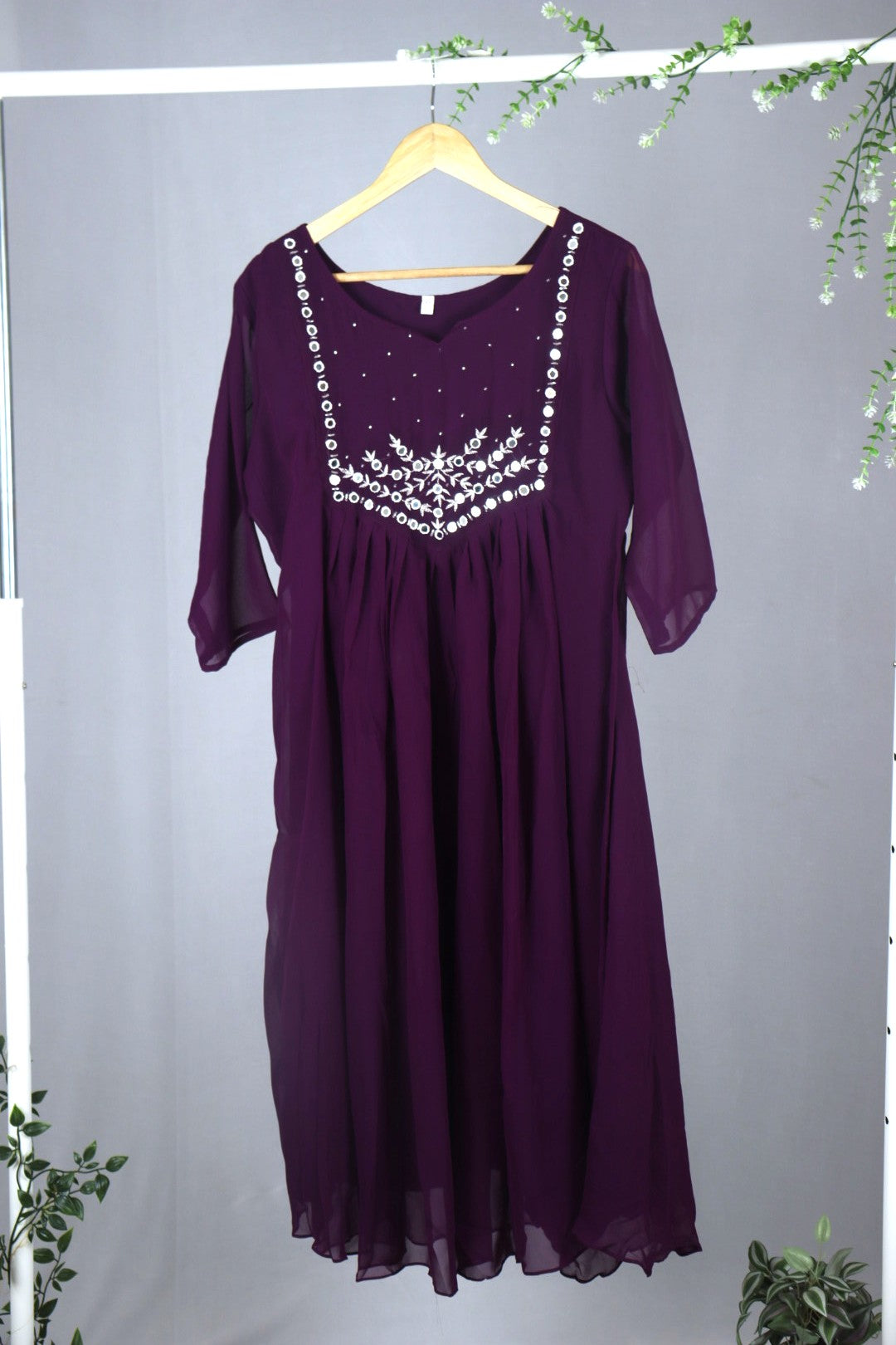 Wine Georgette A-Line Kurti with Yoke Mirror Work (Dupatta Included)