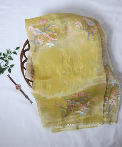 Pastel Yellow Soft organza tissue with thread work