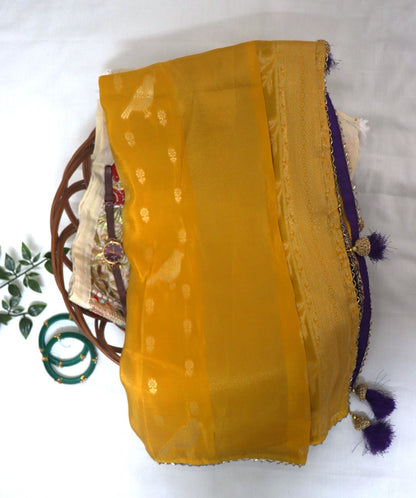 Yellow Dola Crepe silk designer Saree (tissue lines)