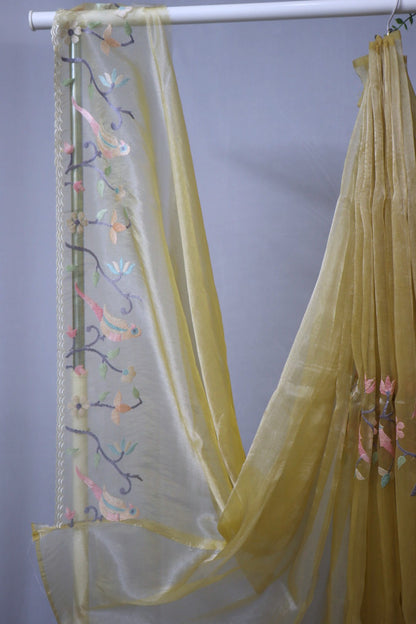 Pastel Yellow Soft organza tissue with thread work