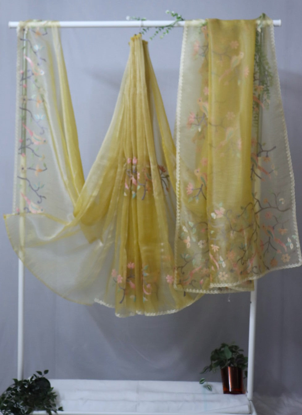 Pastel Yellow Soft organza tissue with thread work