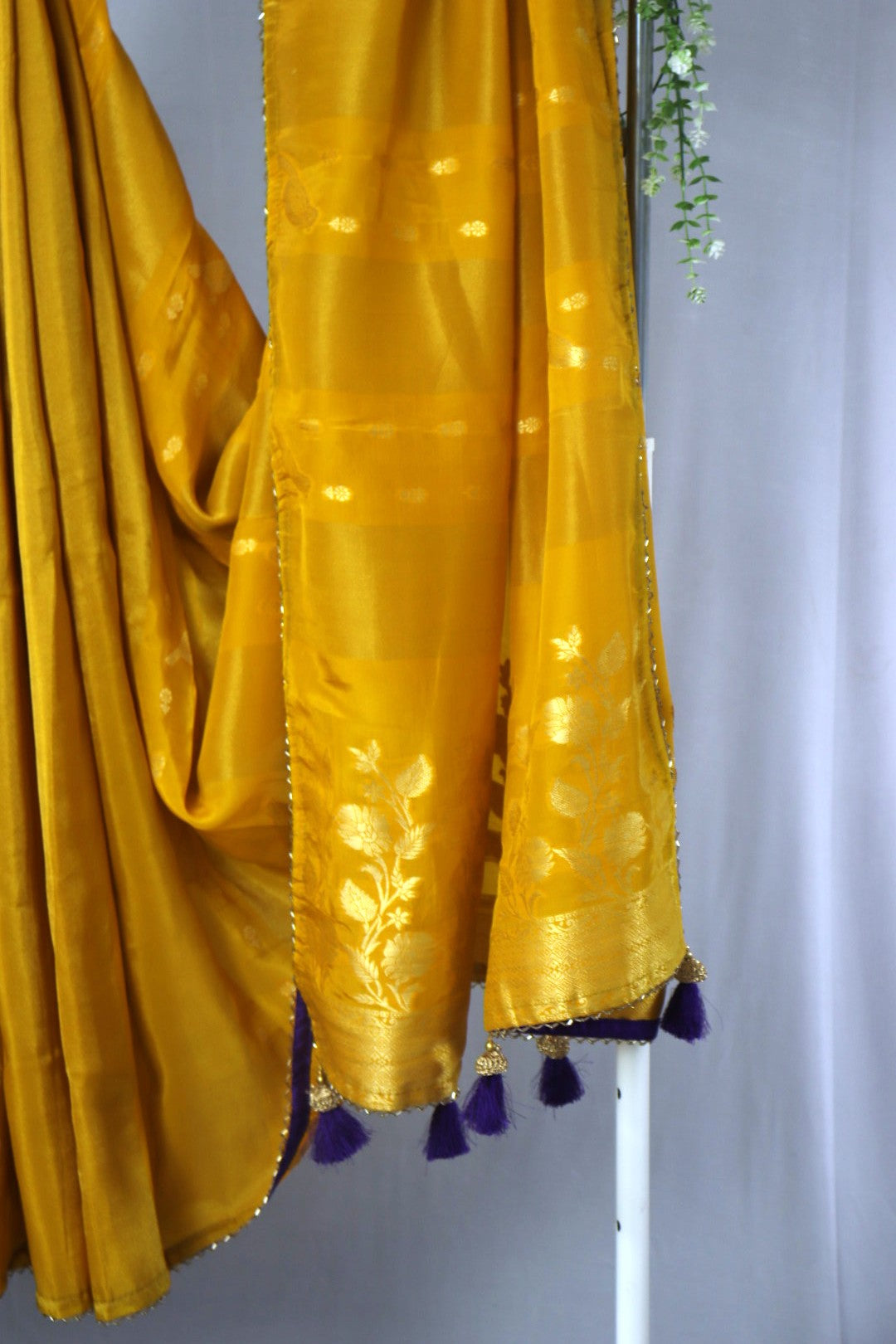 Yellow Dola Crepe silk designer Saree (tissue lines)