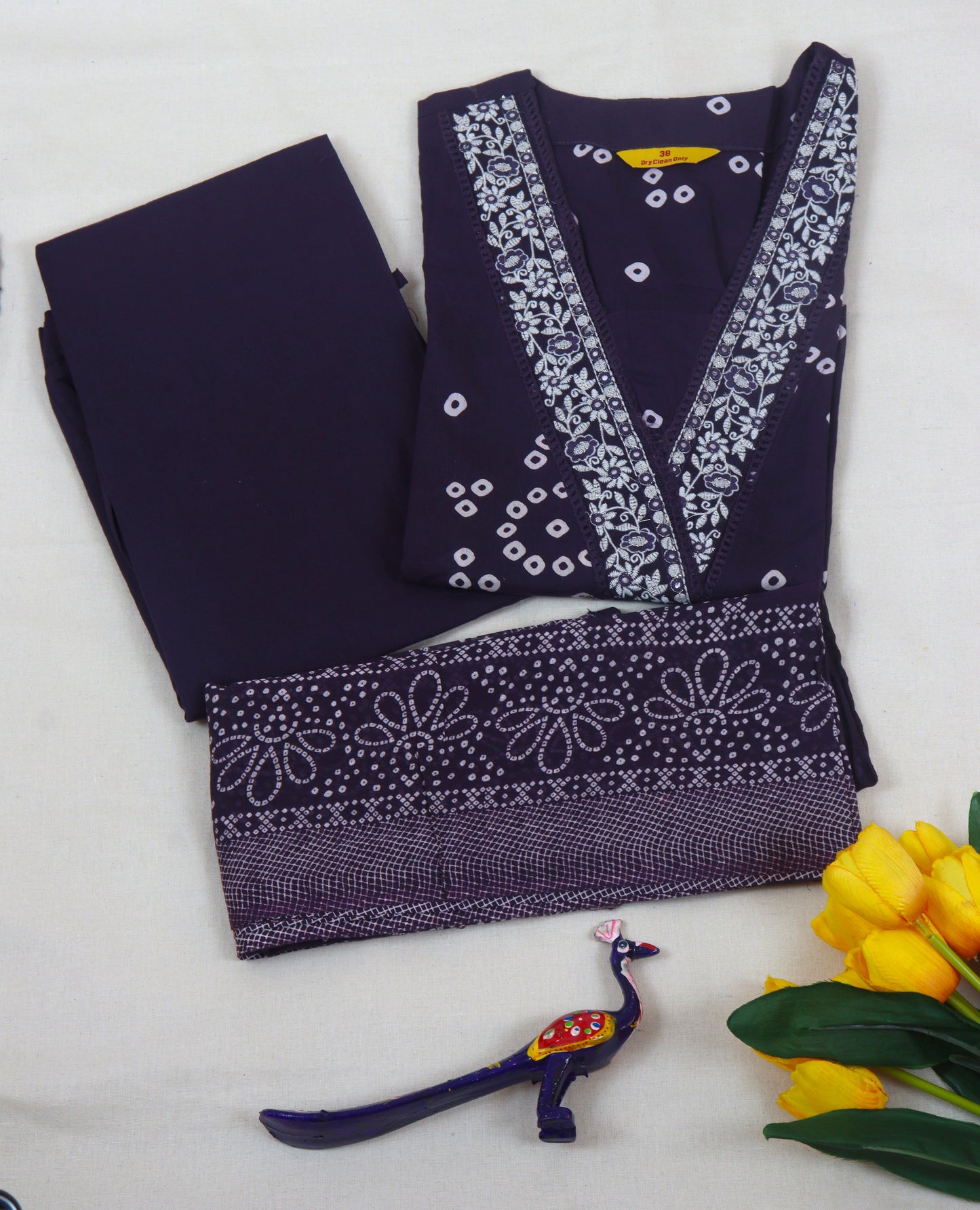 Cotton bandini print Straight cut Kurti set with neckline & sleeves embroidery - Dusty Purple