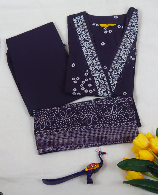 Cotton bandini print Straight cut Kurti set with neckline & sleeves embroidery - Dusty Purple