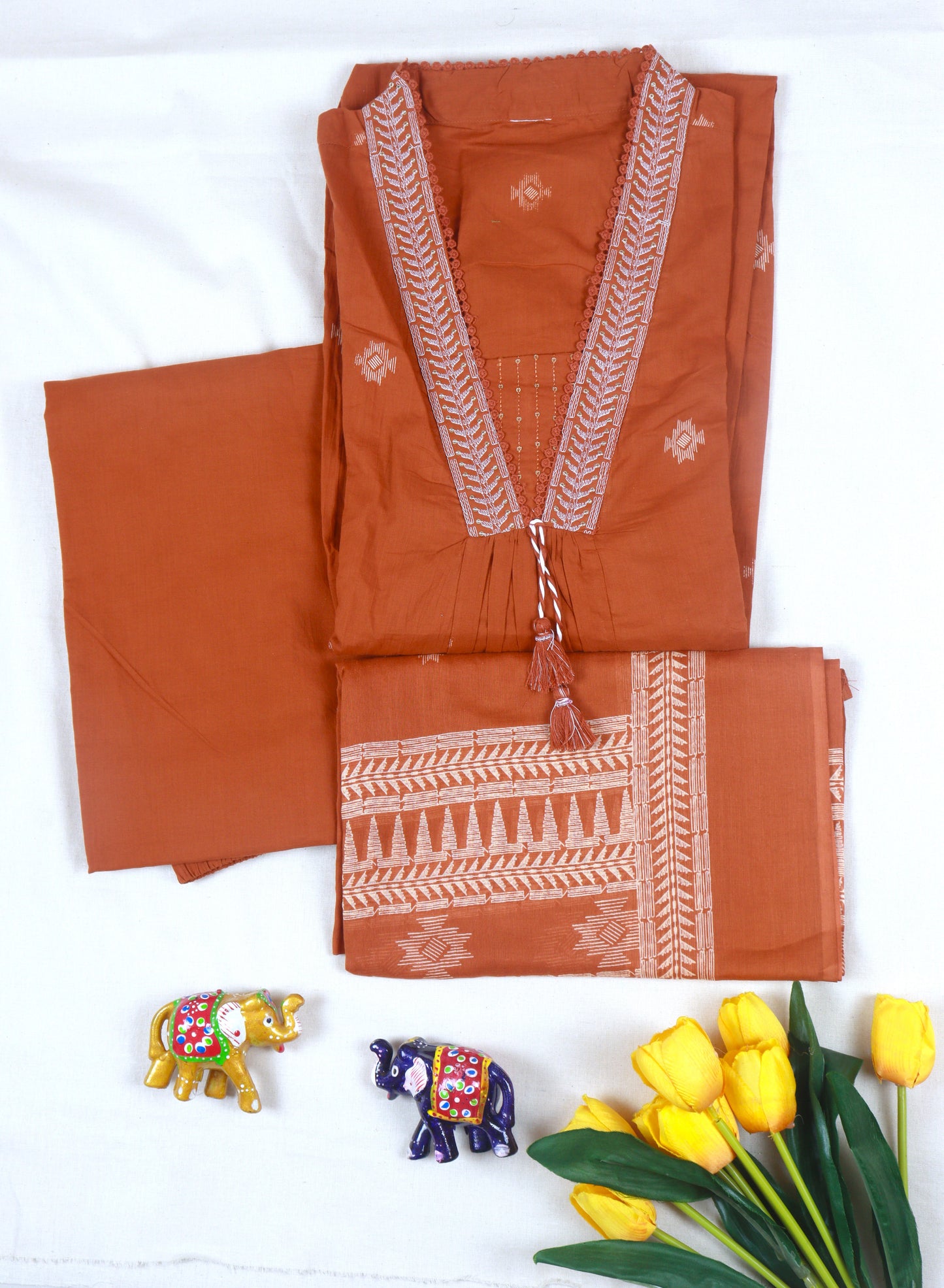 Cotton A-line kurti set with neckline embroidery - Rust Orange
