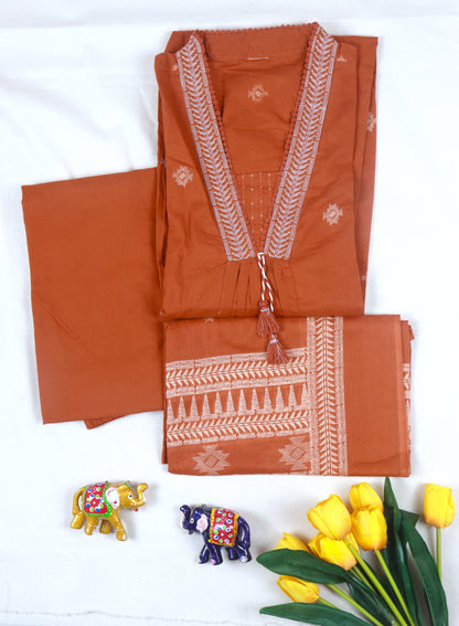 Cotton A-line kurti set with neckline embroidery - Rust Orange