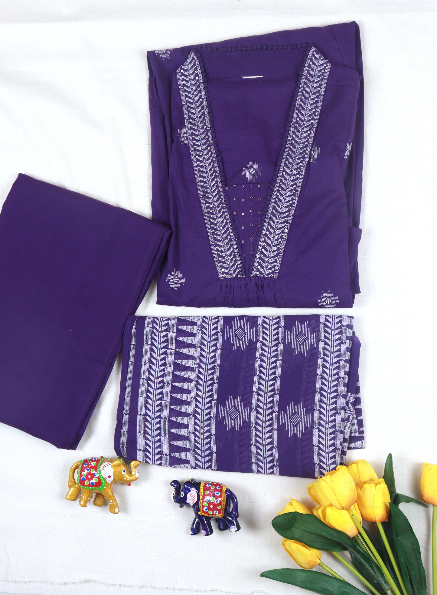 Cotton A-line kurti set with neckline embroidery A - Purple
