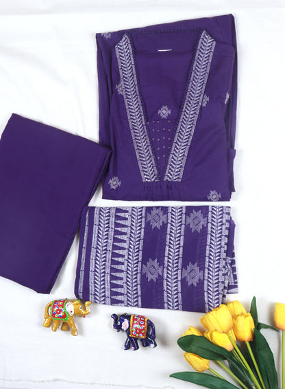 Cotton A-line kurti set with neckline embroidery A - Purple