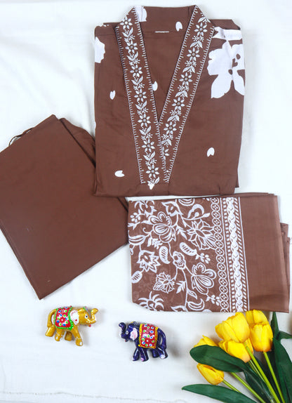 Cotton A-line kurti set with neckline embroidery - Brown