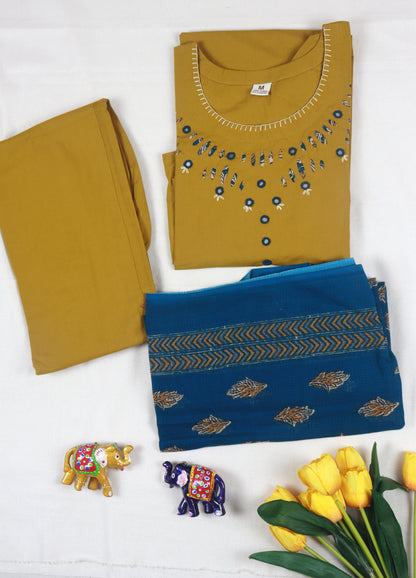 Cotton A-line Kurti Set with contrast Kota dupatta - Mustard Yellow