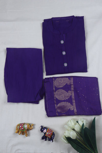 Chanderi cotton A-Line kurti Set with thread embroidery - Purple