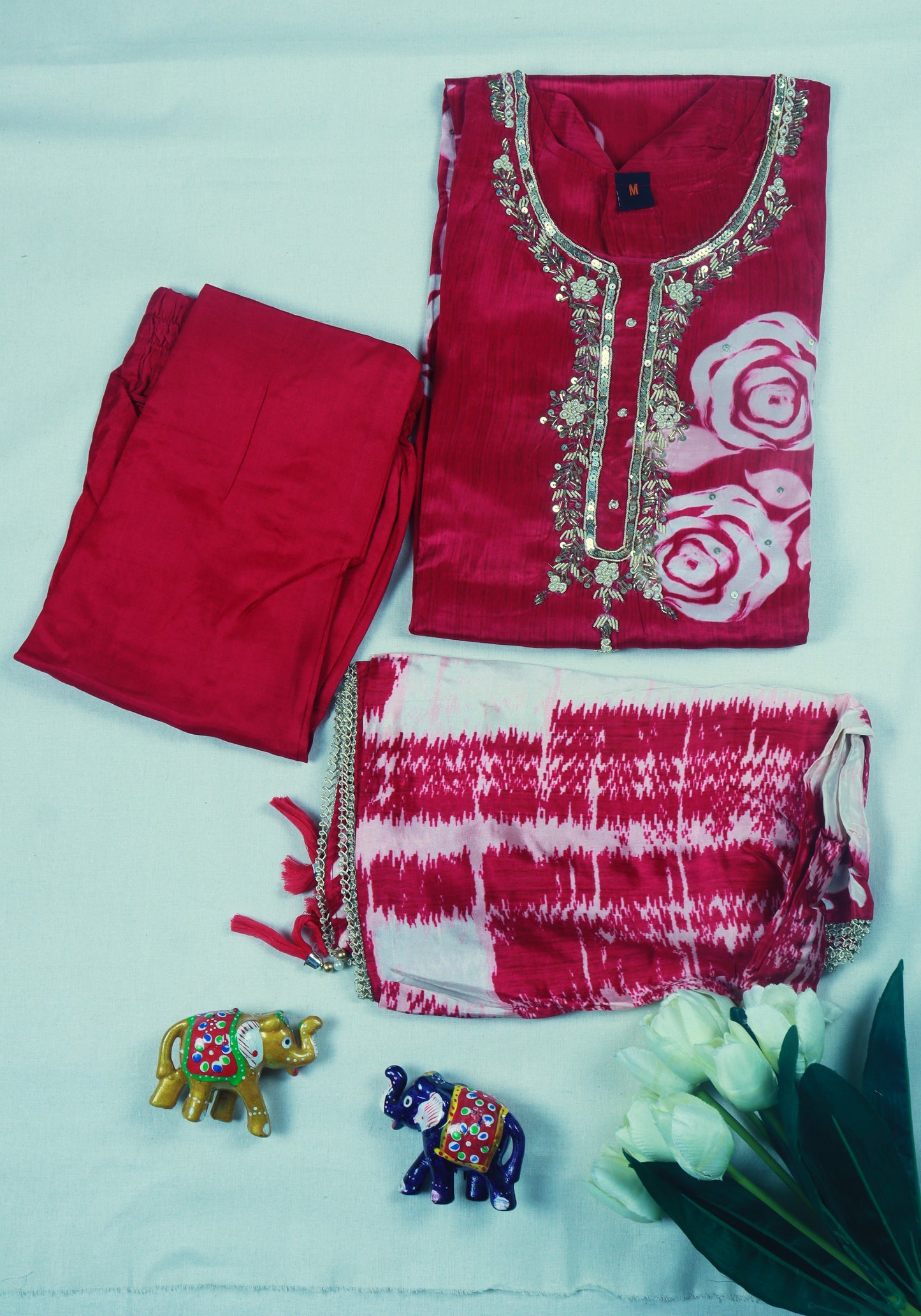 Pure Crepe printed Straight cut kurti set with Yoke work - Deep Pink