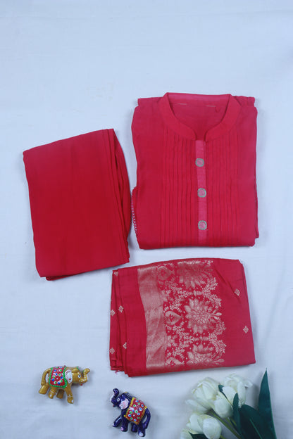 Chanderi Cotton A-Line kurti Set with Thread Embroidery - Pink