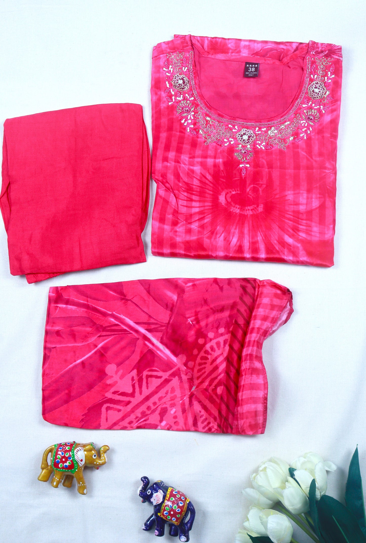 Crepe silk Straight cut kurti Set with yoke work - Pink