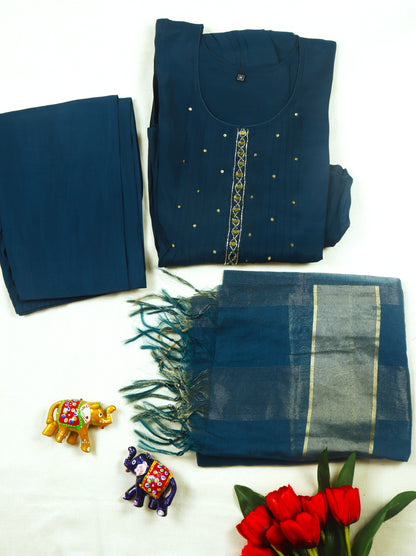 Mul chanderi A-line kurti set with yoke & sleeves work - Deep Teal Blue