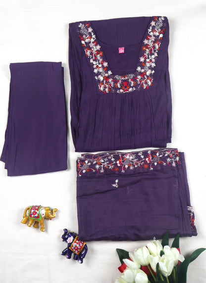 Mul chanderi A -line kurti Set with yoke & duppata work - Dusty Purple