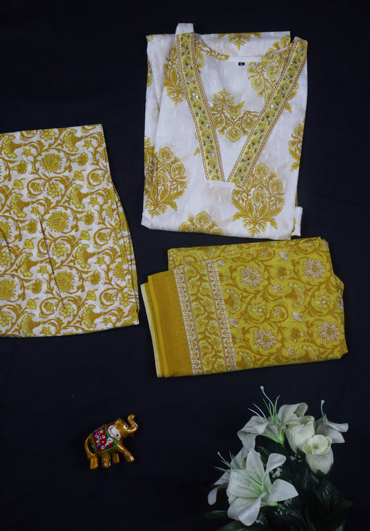 Jaipur cotton printed Straight cut kurti Set - White & Yellow