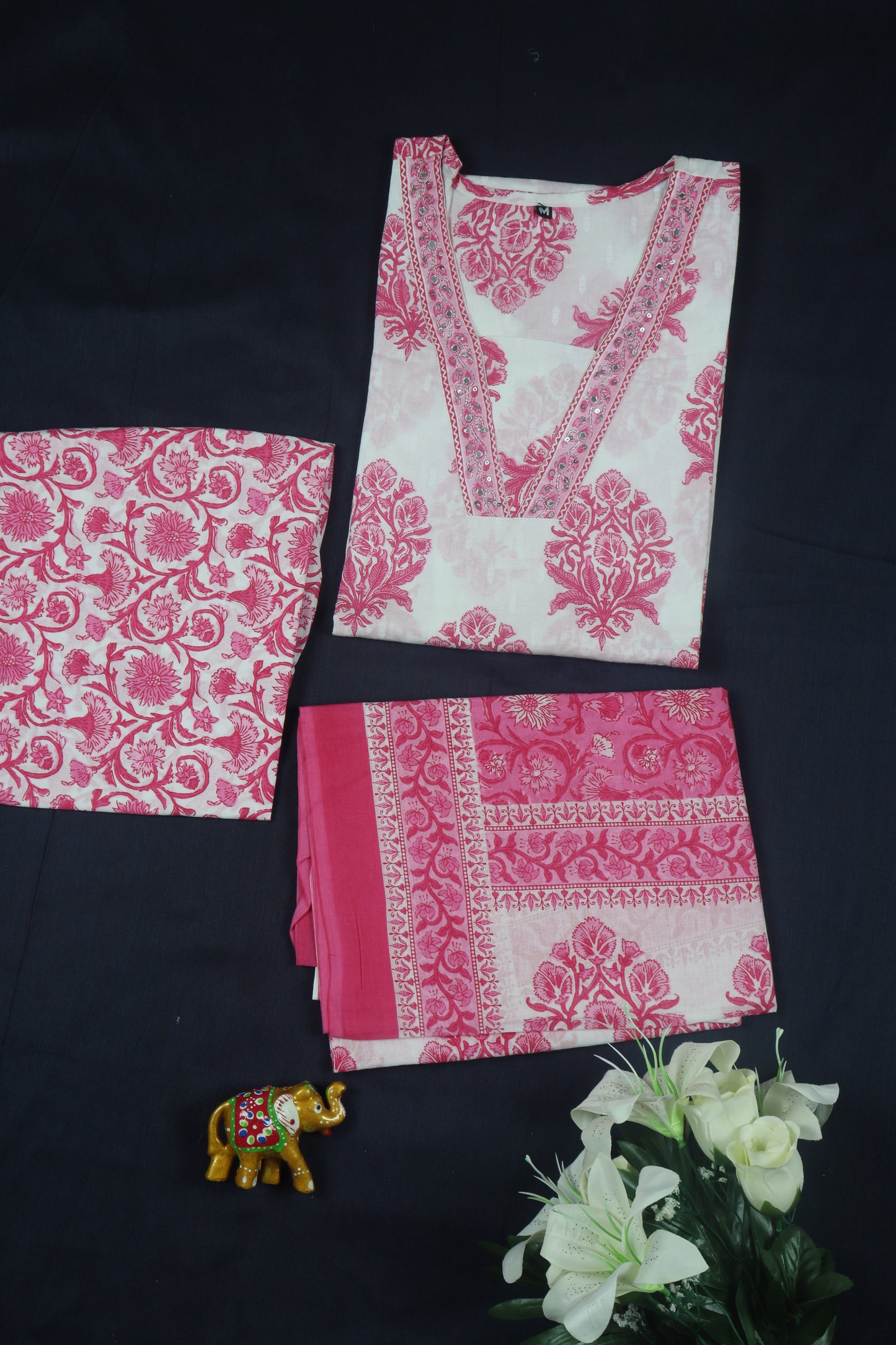 Jaipur cotton printed Straight cut kurti Set - White & Pink