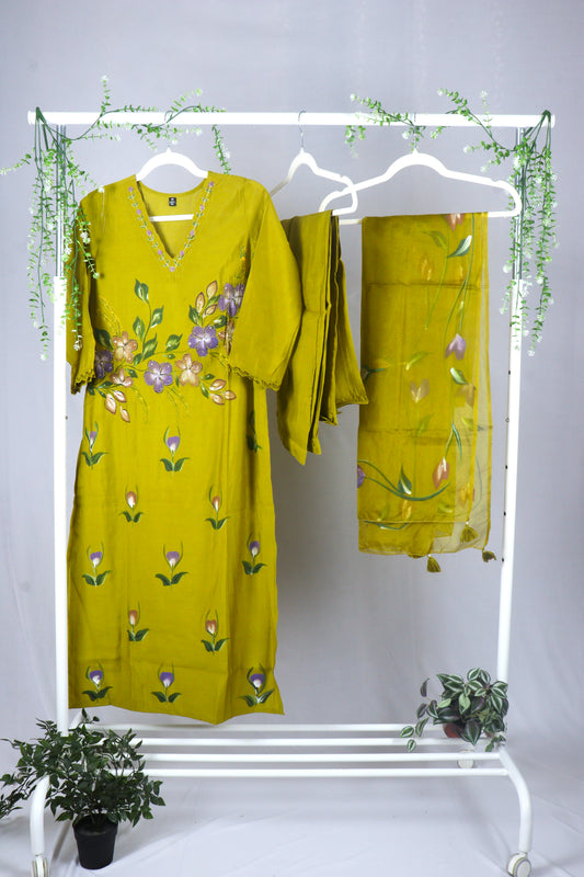 Mul Chanderi straight cut kurti Set with Hand Paint and work - Mehendi Green