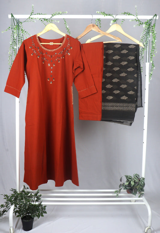 Cotton A-line Kurti Set & Contrast Kota Dupatta -Rust Orange