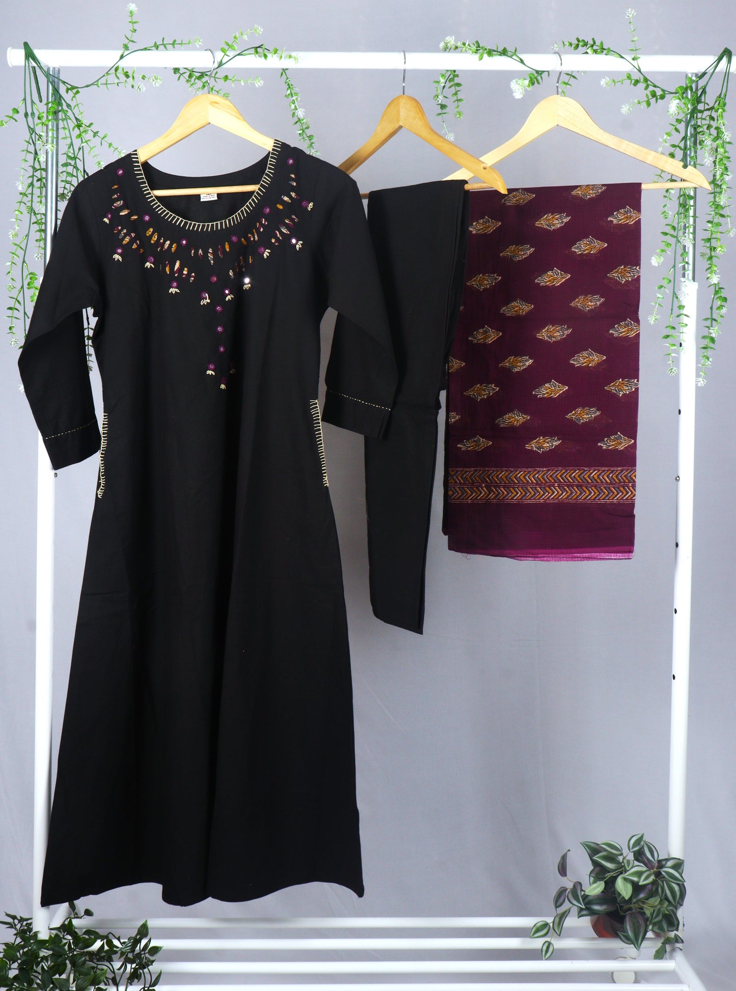 Cotton A-line Kurti Set with contrast Kota Dupatta - Black