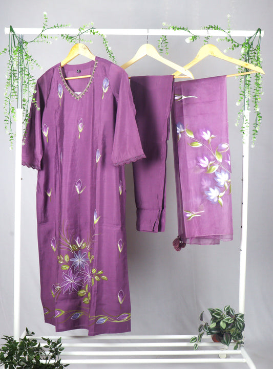 Mul Chanderi straight cut kurti Set with Hand Paint and work - Purple