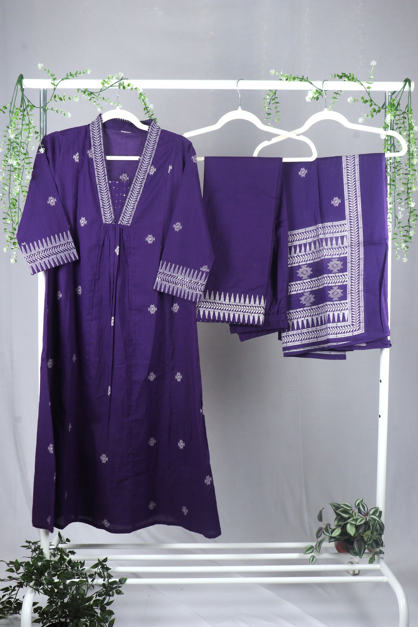 Cotton A-line kurti set with neckline embroidery A - Purple