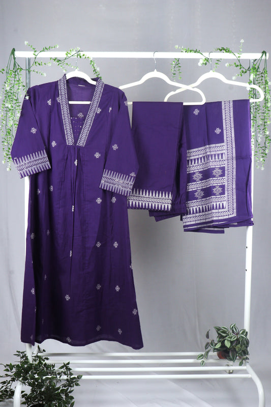Cotton A-line kurti set with neckline embroidery A - Purple