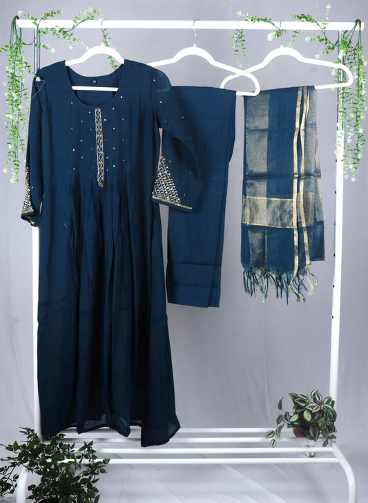 Mul chanderi A-line kurti set with yoke & sleeves work - Deep Teal Blue