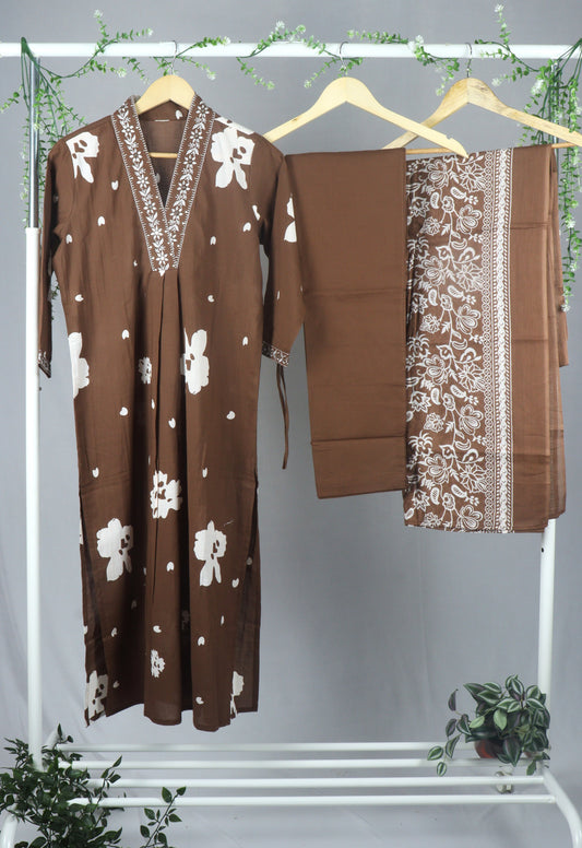 Cotton A-line kurti set with neckline embroidery - Brown