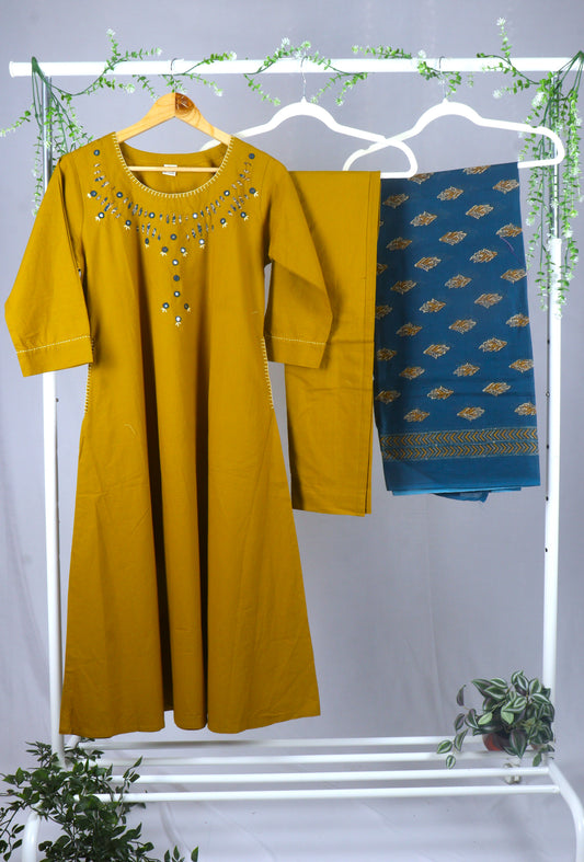 Cotton A-line Kurti Set with contrast Kota dupatta - Mustard Yellow