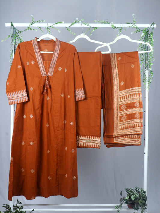 Cotton A-line kurti set with neckline embroidery - Rust Orange