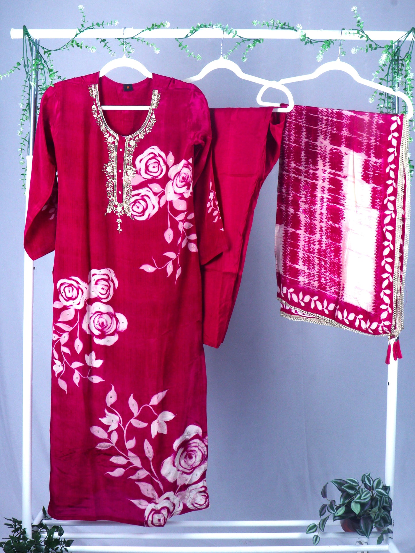 Pure Crepe printed Straight cut kurti set with Yoke work - Deep Pink