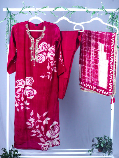 Pure Crepe printed Straight cut kurti set with Yoke work - Deep Pink