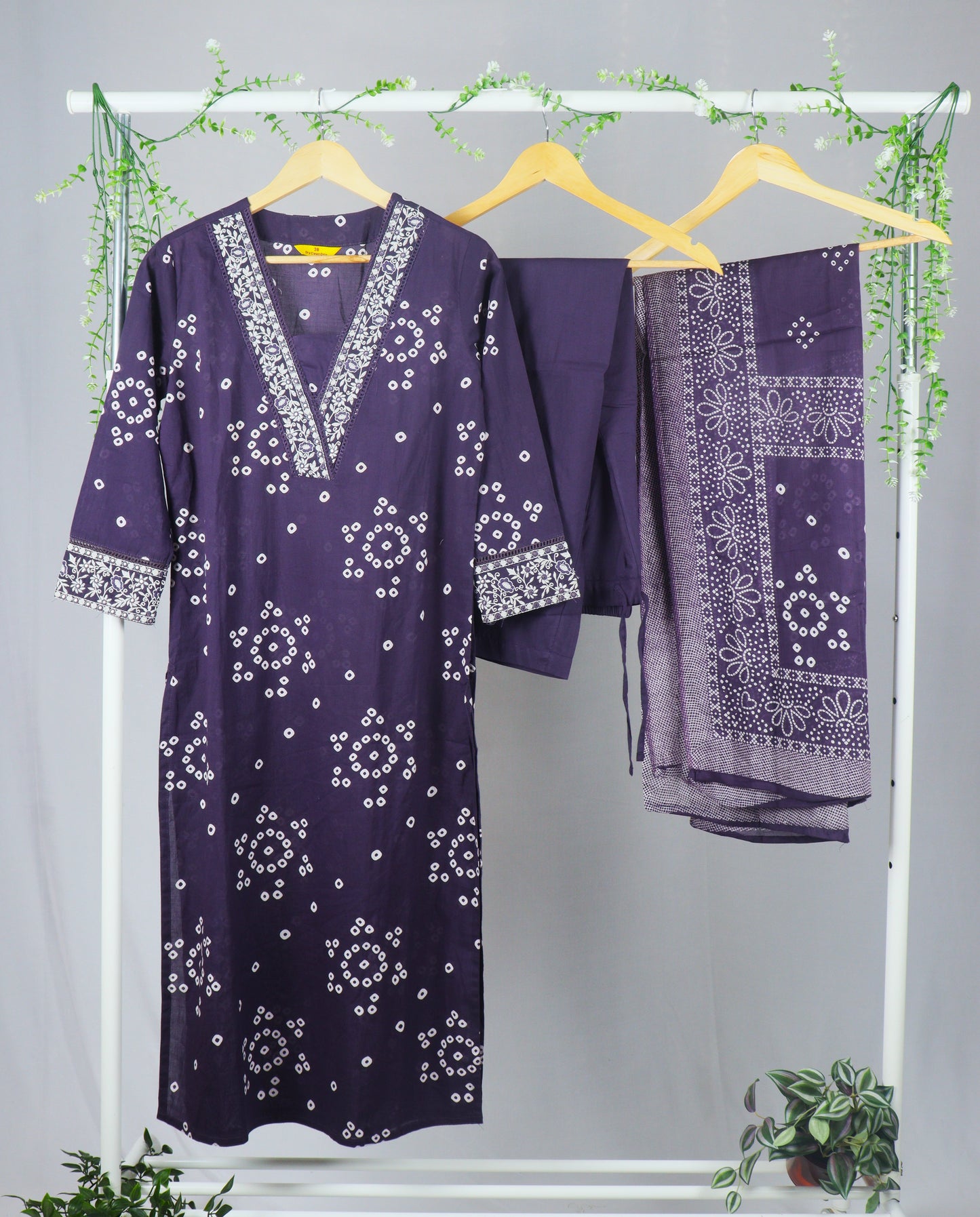 Cotton bandini print Straight cut Kurti set with neckline & sleeves embroidery - Dusty Purple