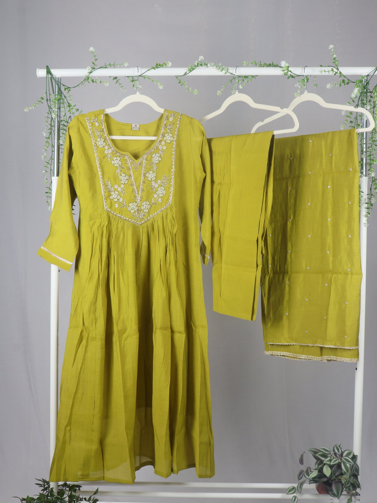 Mul Chanderi A-line Kurti Set with Yoke work - Mehendi Green