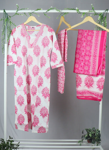 Jaipur cotton printed Straight cut kurti Set - White & Pink