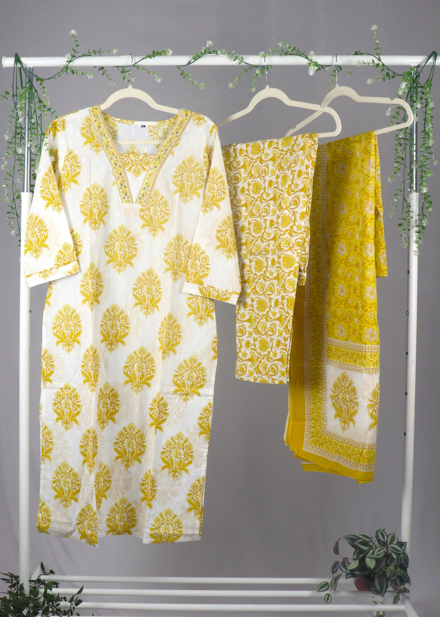 Jaipur cotton printed Straight cut kurti Set - White & Yellow