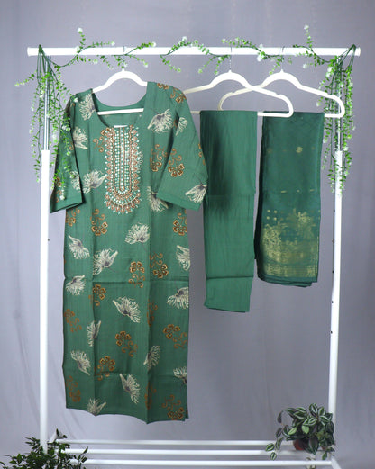 Cotton Straight cut Kurti Set with yoke embroidery - Dusty Green