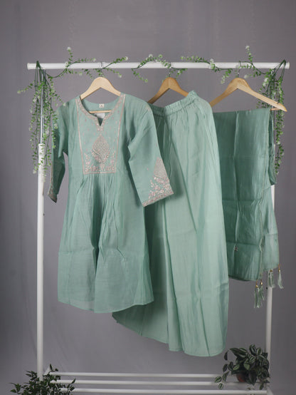 Mul chanderi Sharara kurti set with yoke & Sleeves work - Pastel Green