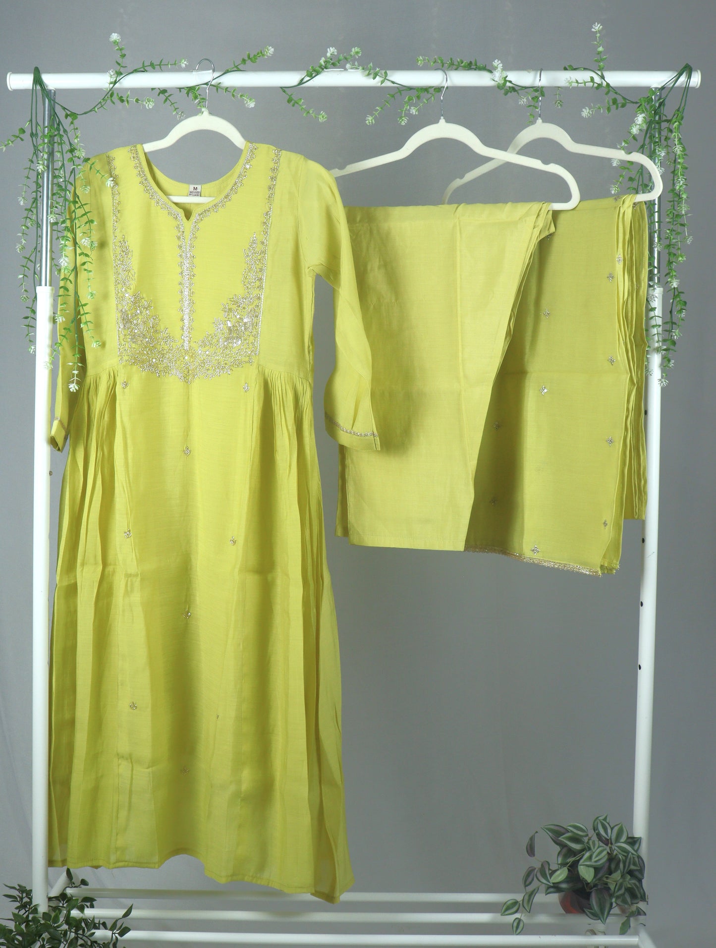 Mul chanderi A -line kurti Set with yoke work - Pastel Yellow