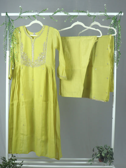 Mul chanderi A -line kurti Set with yoke work - Pastel Yellow