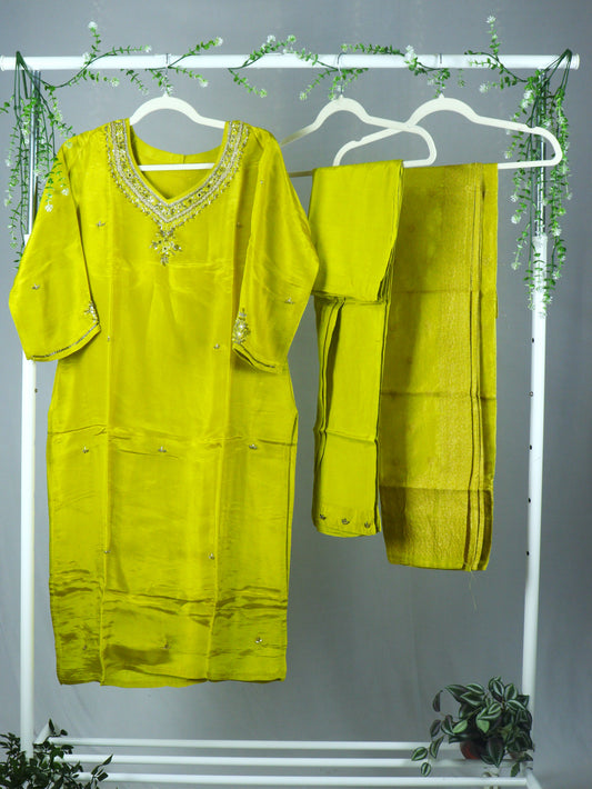 Lemon Yellow Soft tissue Straight cut Kurti set with Necklinke work