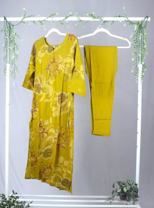 Rayon Straight Cut printed Cood set - Mehendi Green
